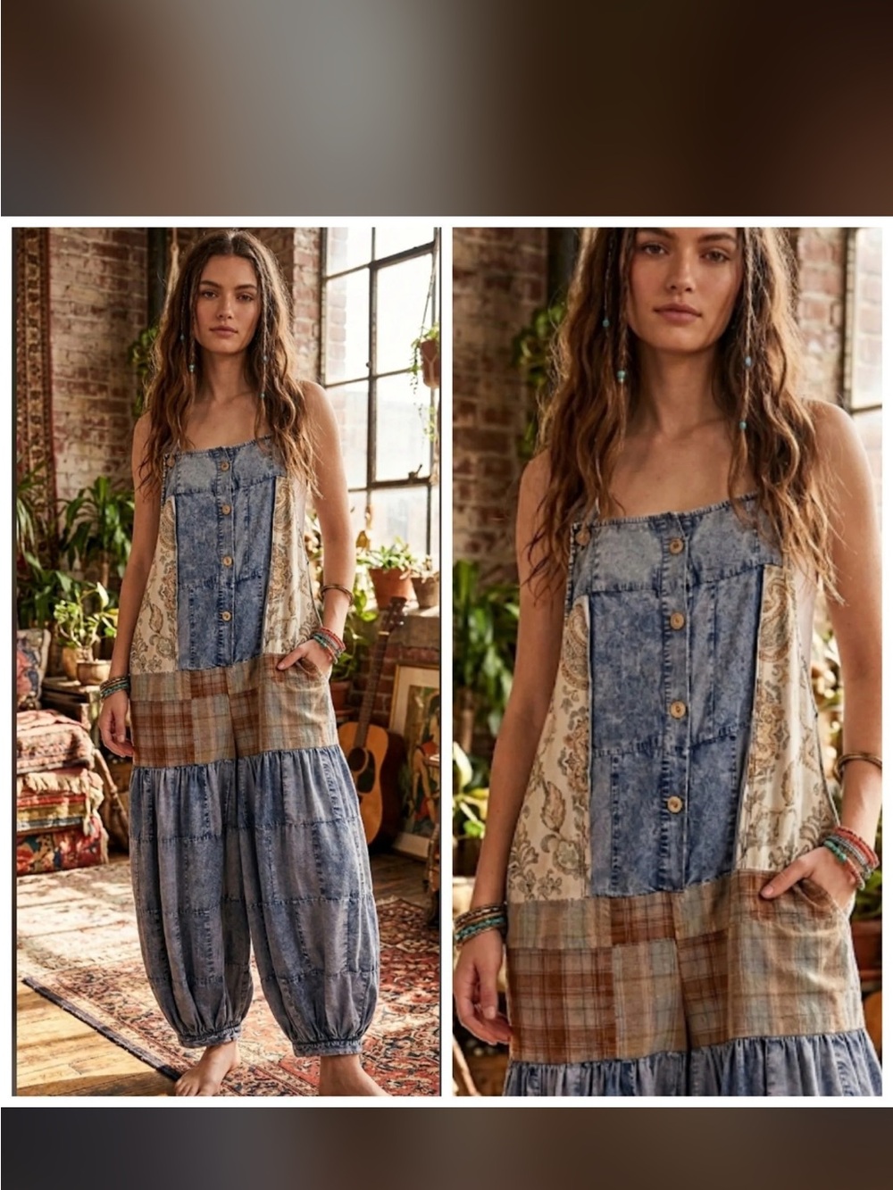 NWT BlueVelvet Patchwork Tencel Denim Jumpsuit Overalls in Blue and Plaid size S